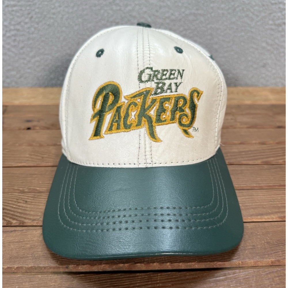 Vintage Green Bay Packers Hat Adult White Green Leather Snapback Cap NFL 90s